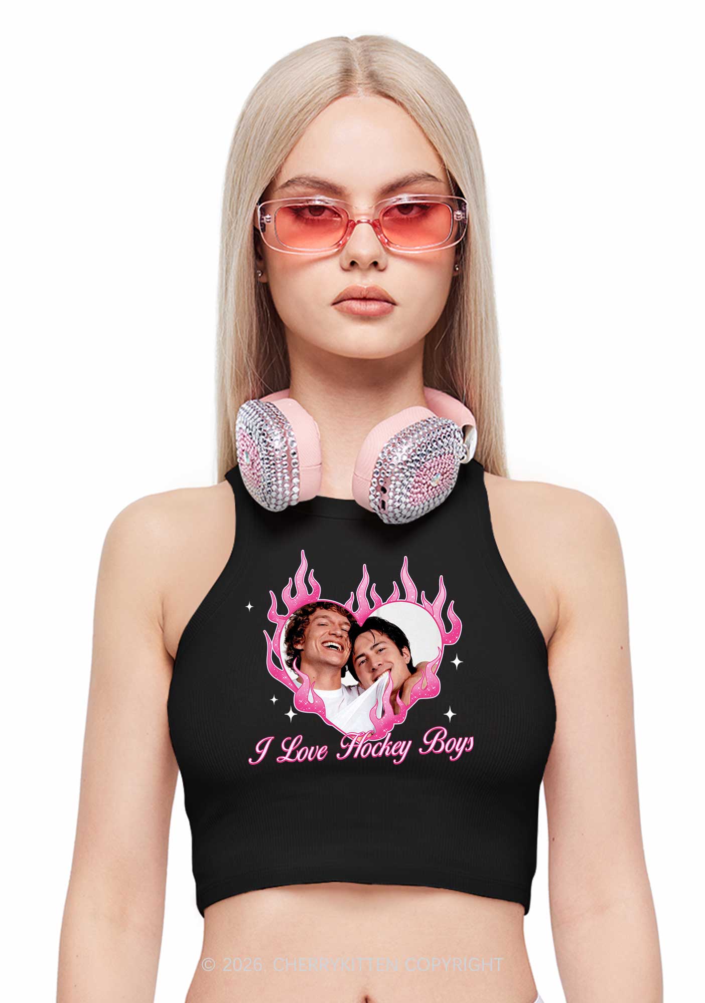 I Love Hockey Boys Pink Heart HR Y2K Crop Tank Top Cherrykitten
