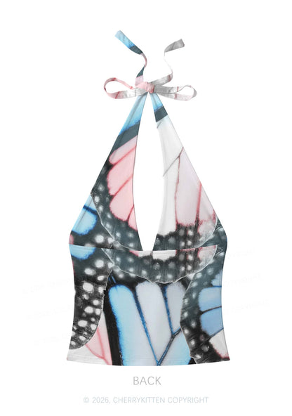Trans Butterfly Wing Pride Y2K Print Halter Deep V Neck Cami Cherrykitten