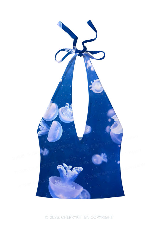 Deep Sea White Jellyfish Y2K Print Halter Deep V Neck Cami Cherrykitten