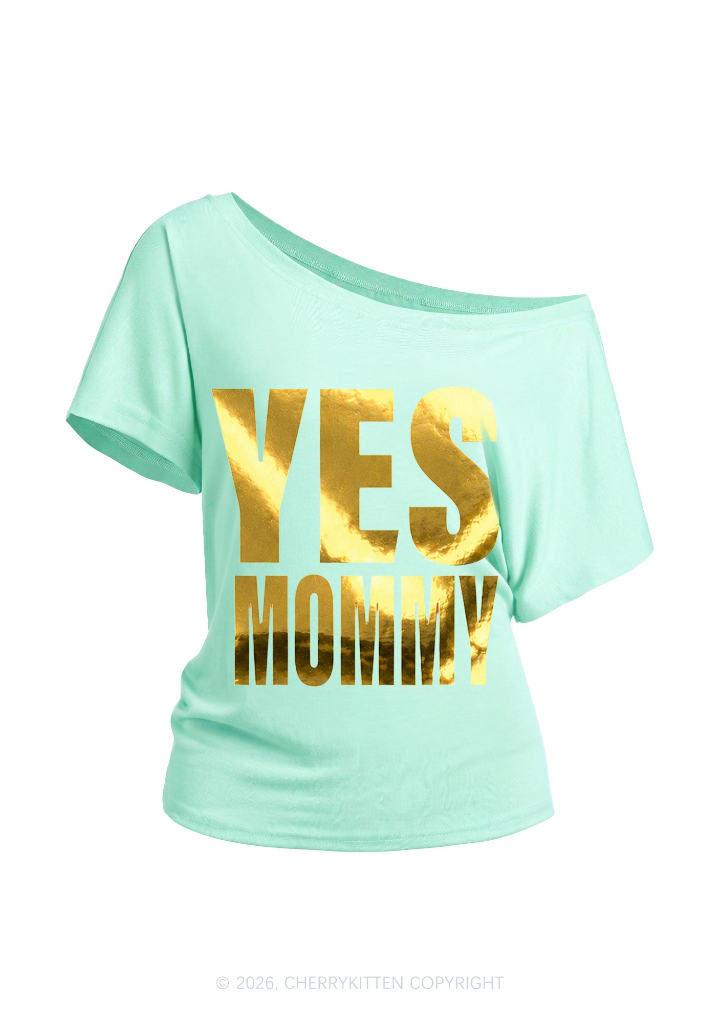 Yes Mommy Silver Foil Printed Y2K Off Shoulder Tee Cherrykitten