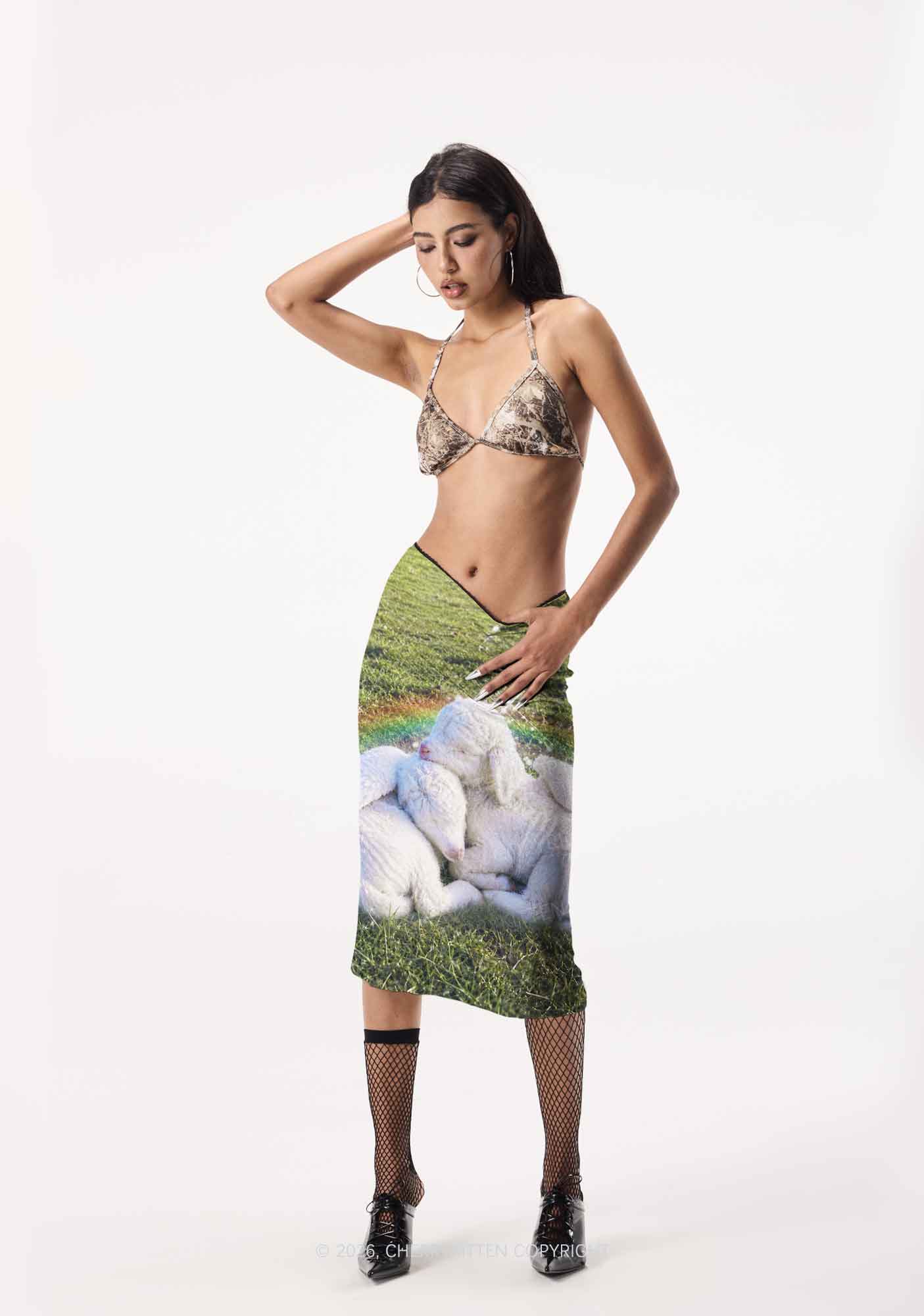 Angel Wings Baby Lambs Y2K Print Midi Skirt Cherrykitten