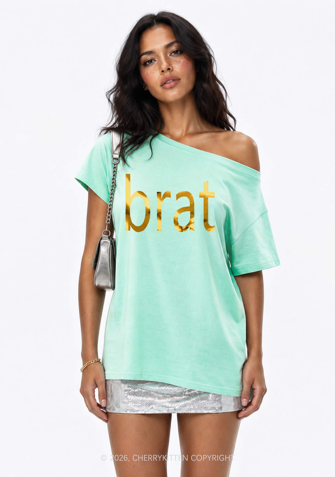 Brat Silver Foil Printed Y2K Off Shoulder Tee Cherrykitten
