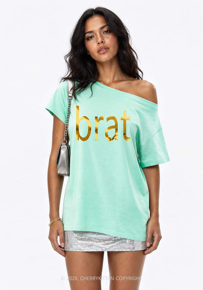 Brat Silver Foil Printed Y2K Off Shoulder Tee Cherrykitten