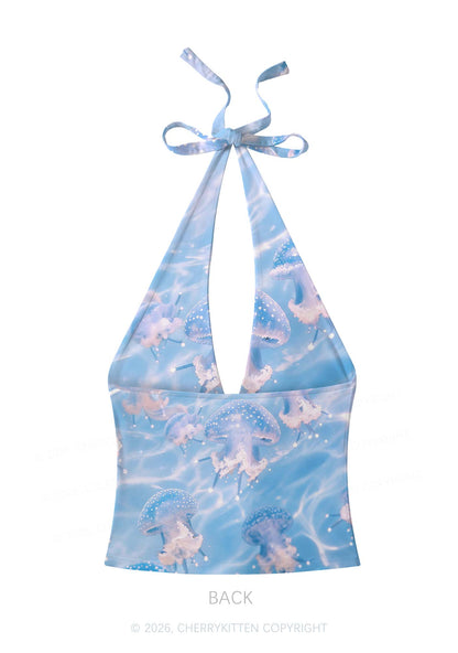Blue Ocean Jellyfish Y2K Print Halter Deep V Neck Cami Cherrykitten