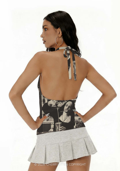 Nun Bartender Y2K Print Halter Deep V Neck Cami Cherrykitten