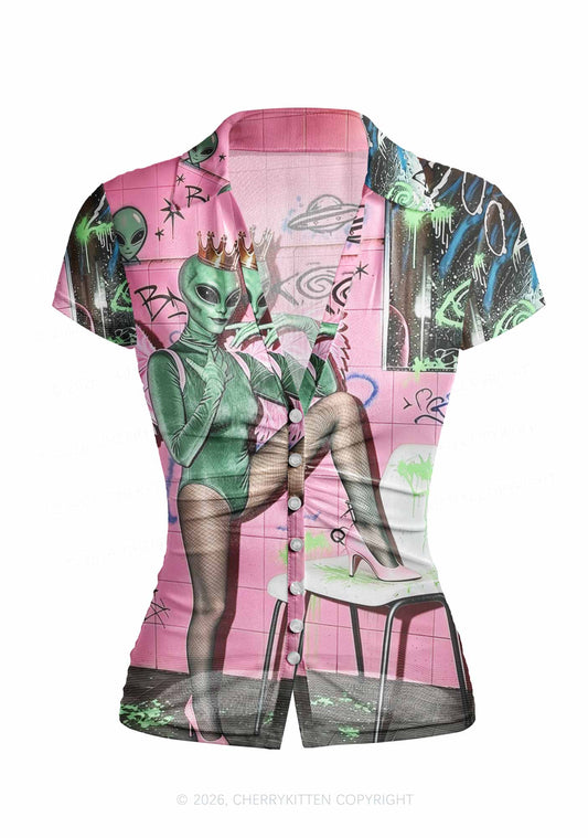Alien Angel Graffiti Wall Y2K Mesh Ruched Waist V Neck Top Cherrykitten
