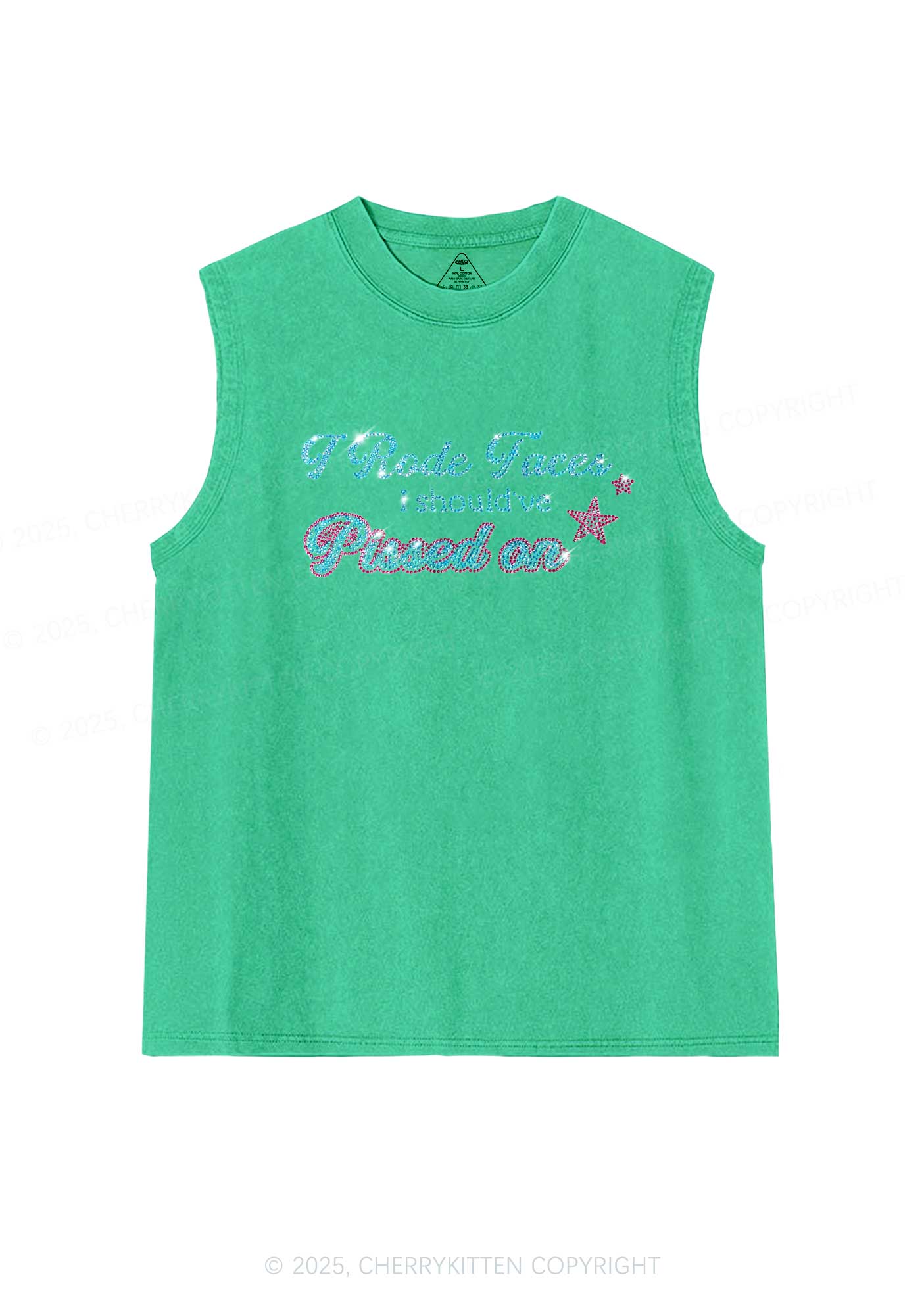 Rhinestone I Rode Faces Y2K Washed Muscle Tank Cherrykitten