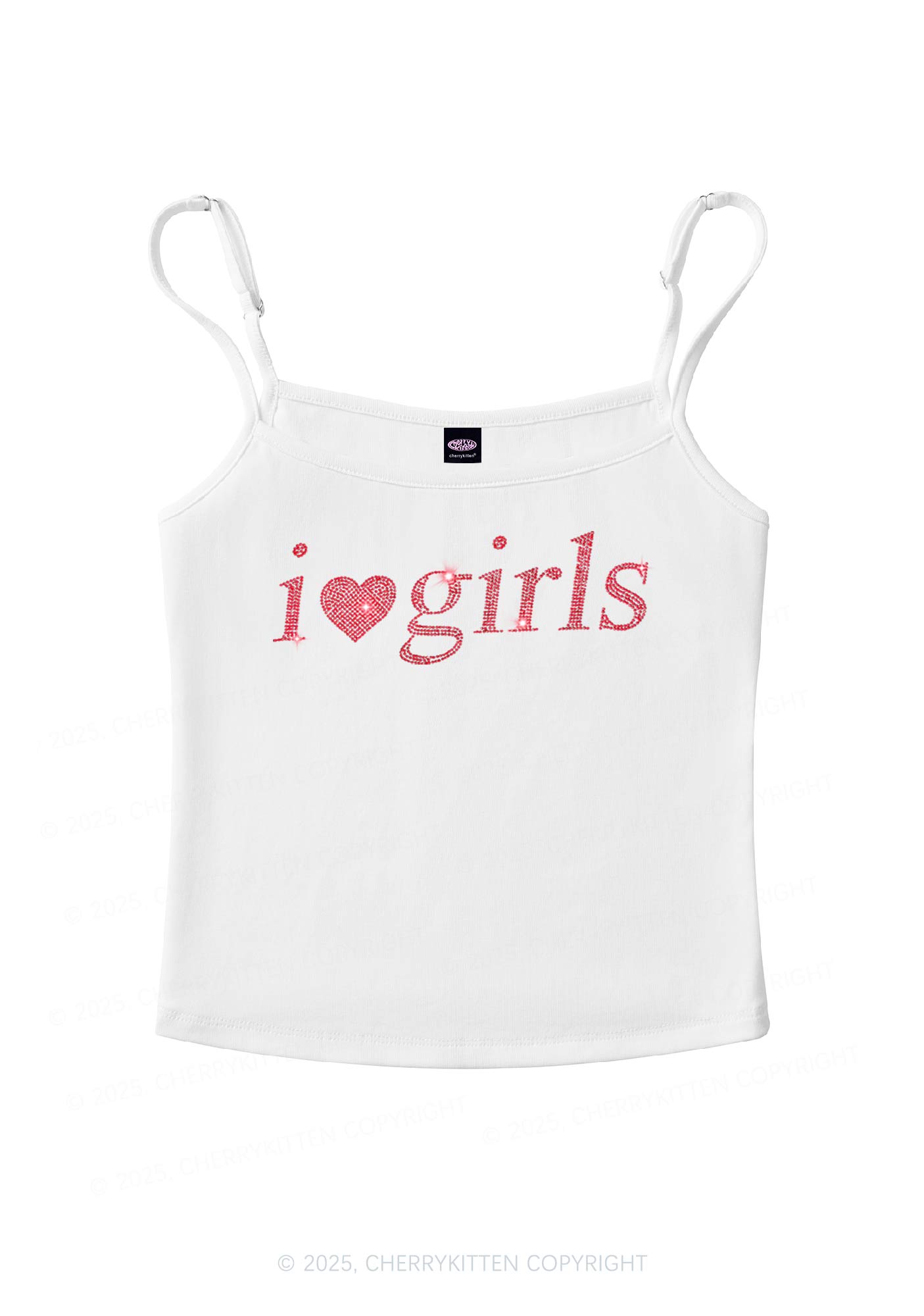 Rhinestone I Love Girls Y2K Spaghetti Strap Cami Cherrykitten
