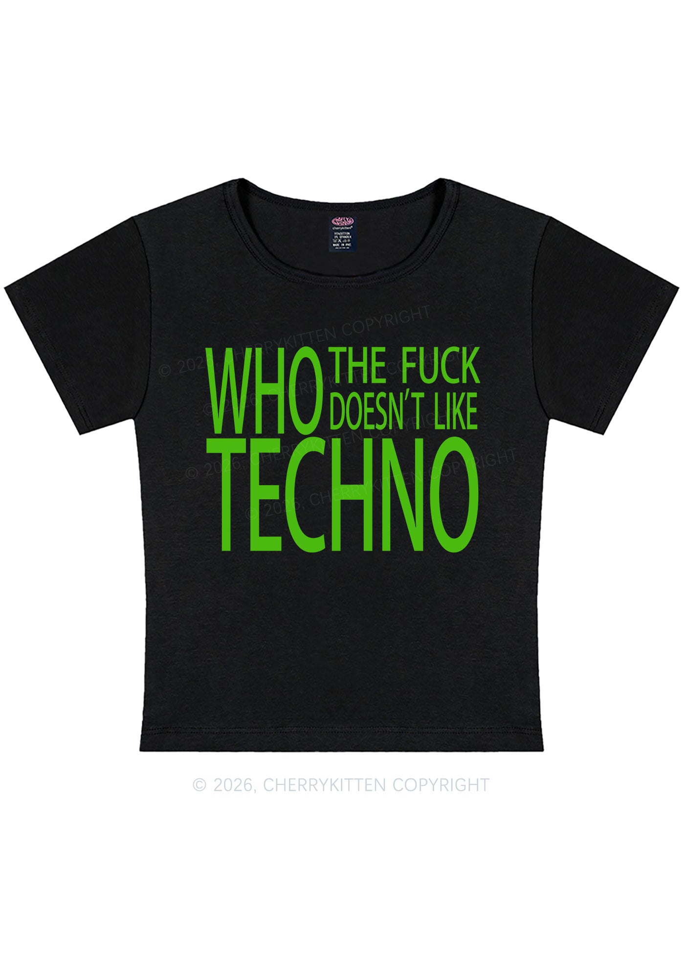 Who Doesnt Like Techno Y2K Baby Tee Cherrykitten