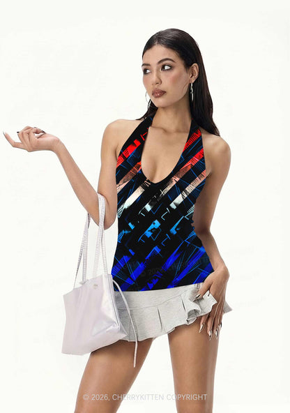 Red Blue Gradient Diagonal Stripe Y2K Print Halter Deep V Neck Cami Cherrykitten