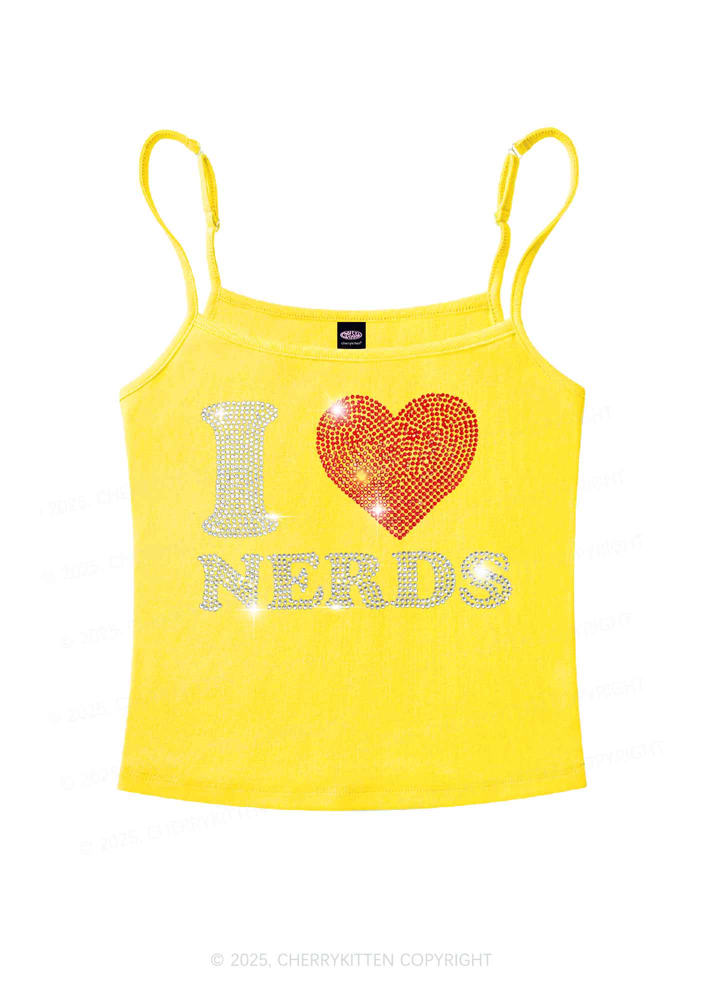 Rhinestone I Love Nerds Y2K Spaghetti Strap Cami Cherrykitten