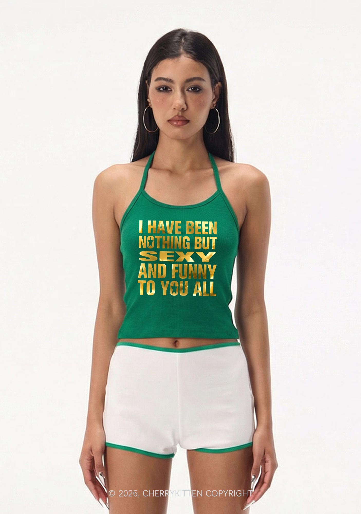I Have Been Nothing Silver Foil Printed Y2K Halter Neck Cami Cherrykitten