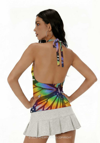Rainbow Butterfly Y2K Print Halter Deep V Neck Cami Cherrykitten