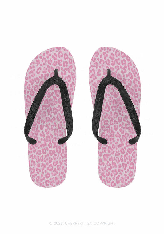 Light Pink Leopard Y2K Print Flip Flops Cherrykitten