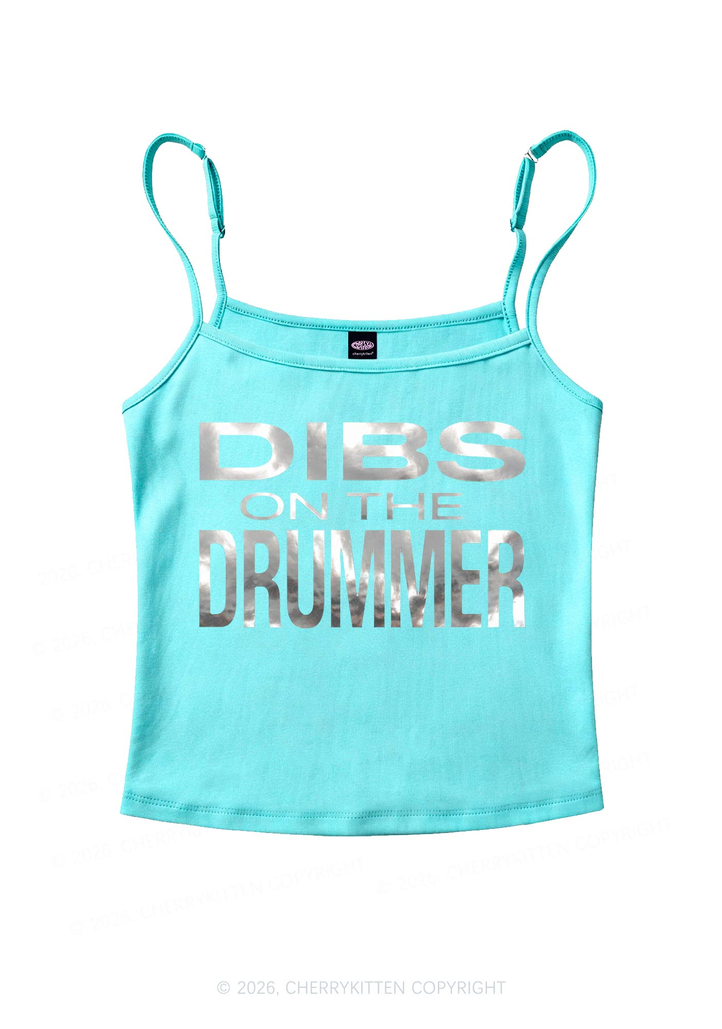 Dibs On The Drummer Silver Foil Printed Y2K Spaghetti Strap Cami Cherrykitten