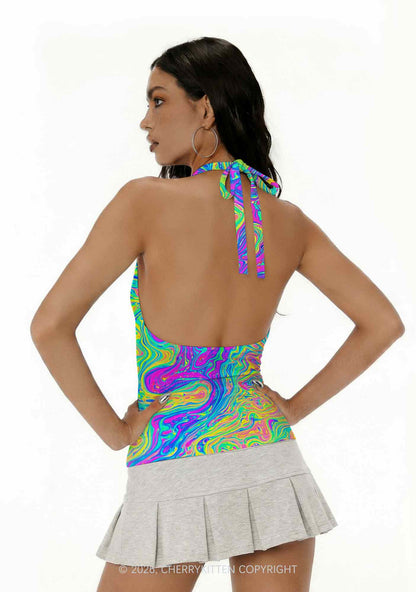 Rainbow Fluid Swirl Y2K Print Halter Deep V Neck Cami Cherrykitten