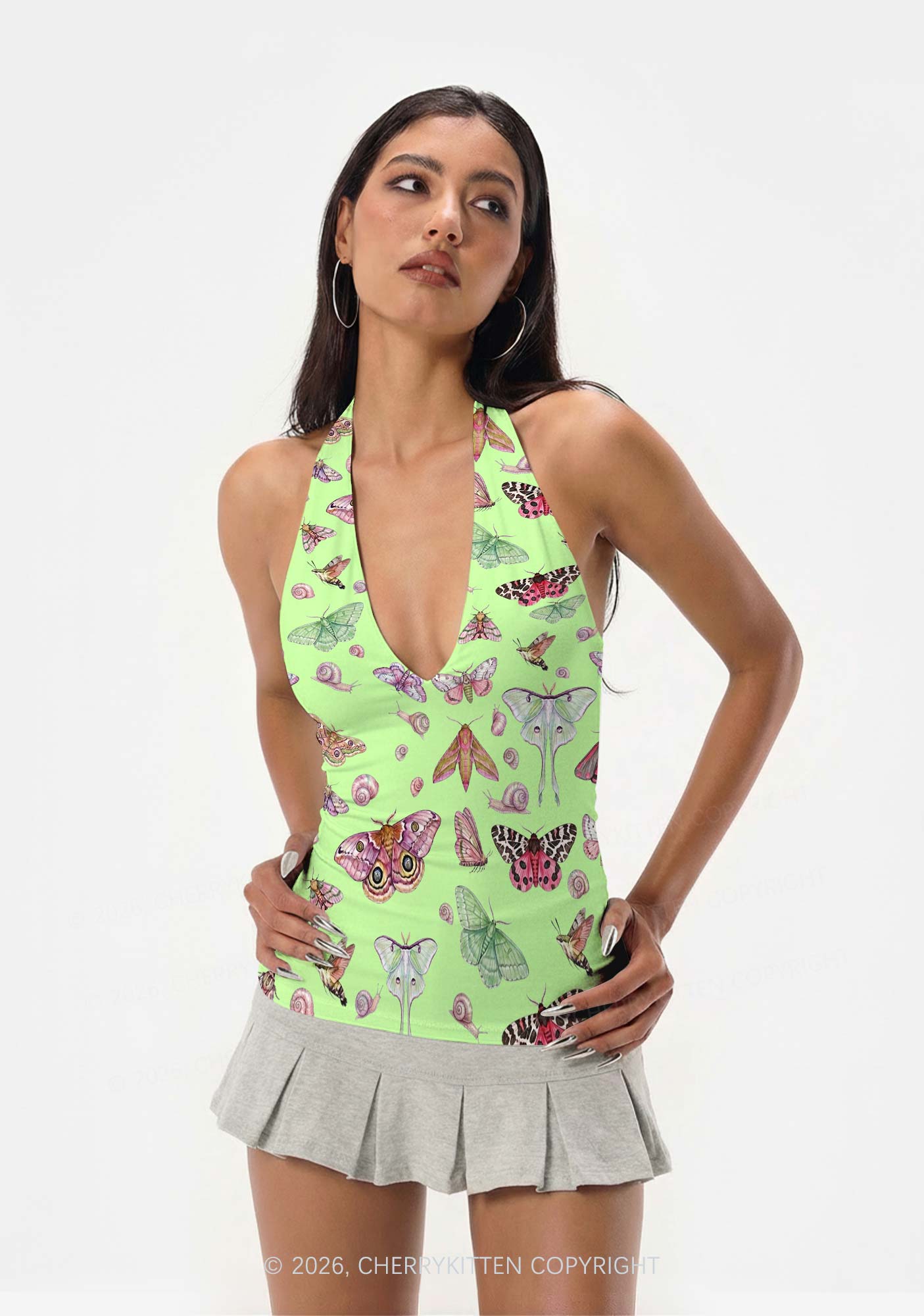 Lime Green Moth Snail Y2K Print Halter Deep V Neck Cami Cherrykitten