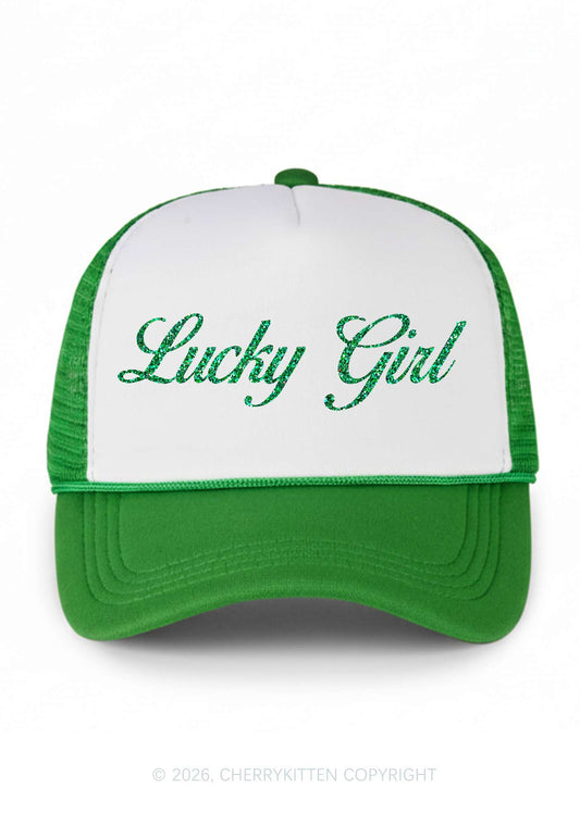 Glitter Lucky Girl St Patricks Y2K Colorblock Trucker Hat Cherrykitten
