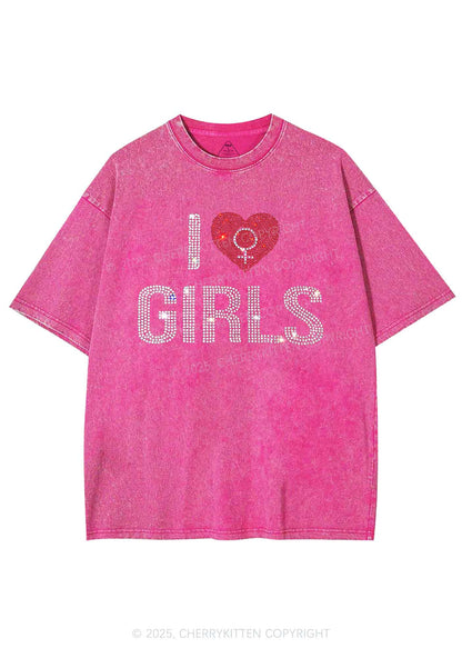 Rhinestone I Love Girls Pride Y2K Shirts Washed Tee Cherrykitten