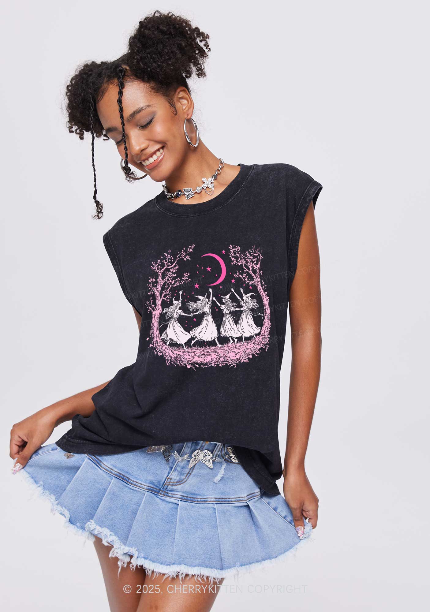 Halloween Witches Dancing Under Moon Y2K Washed Muscle Tank Cherrykitten