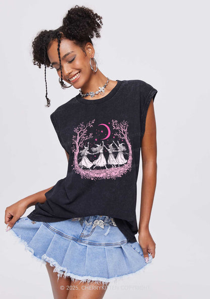 Halloween Witches Dancing Under Moon Y2K Washed Muscle Tank Cherrykitten