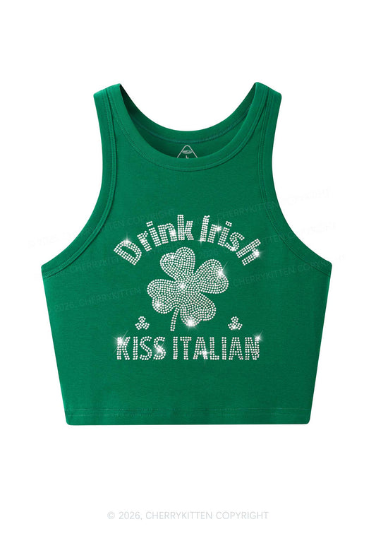 Rhinestone Drink Irish Kiss Italian St Patricks Y2K Crop Tank Top Cherrykitten
