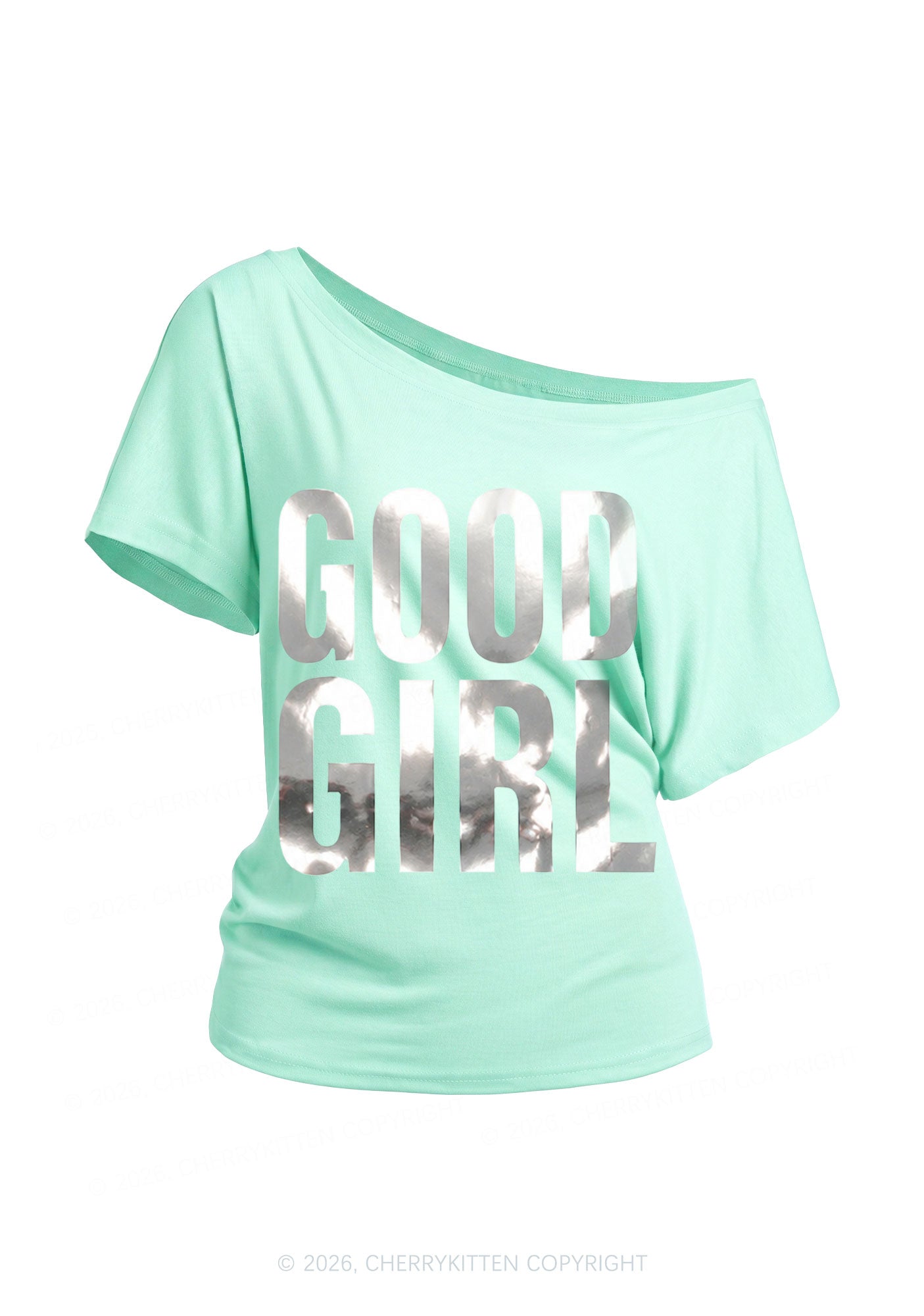 Good Girl Silver Foil Printed Y2K Off Shoulder Tee Cherrykitten
