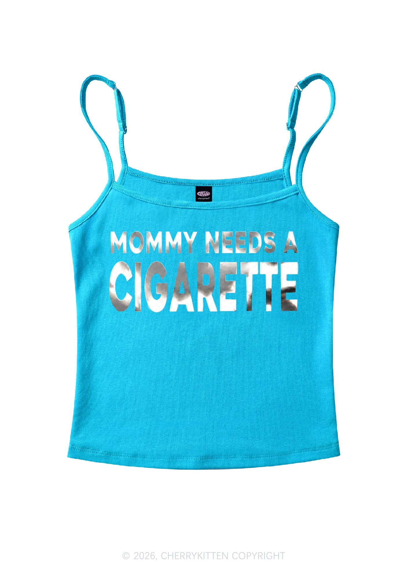 Mommy Needs A Cigarette Silver Foil Printed Y2K Spaghetti Strap Cami Cherrykitten