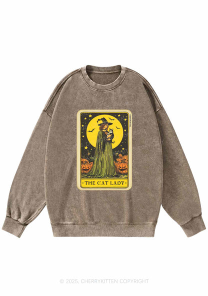 Halloween The Witch Cat Lady Y2K Washed Sweatshirts Cherrykitten