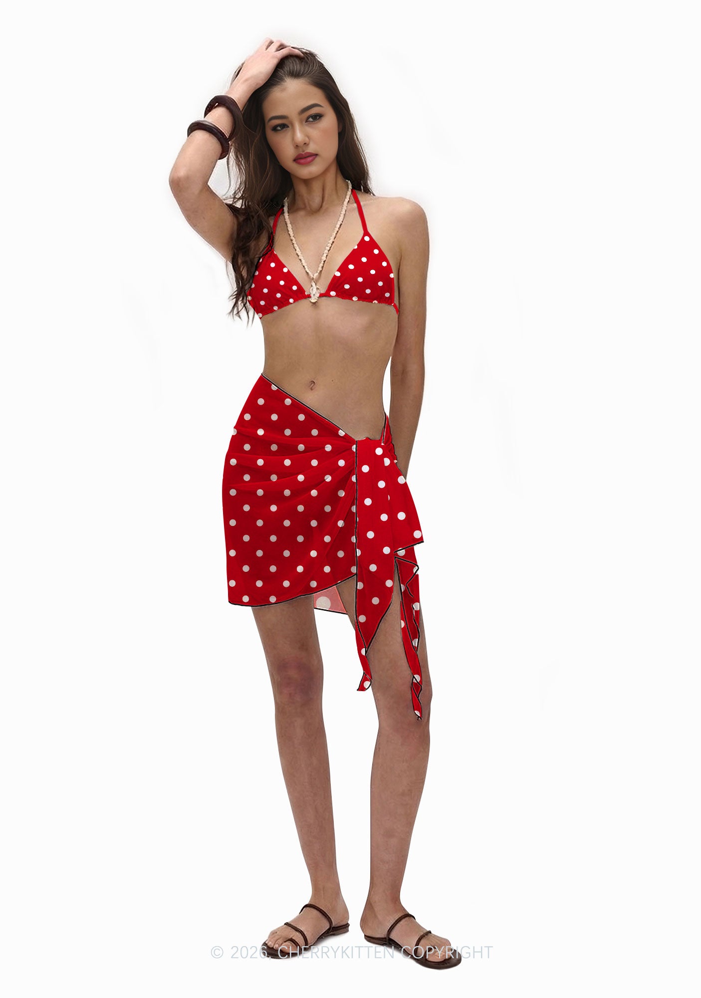 White Dots On Red Y2K Print Bikini Set Cherrykitten