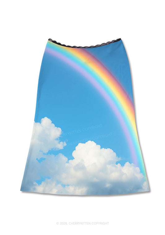 Blue Sky Rainbow Y2K Print Midi Skirt Cherrykitten