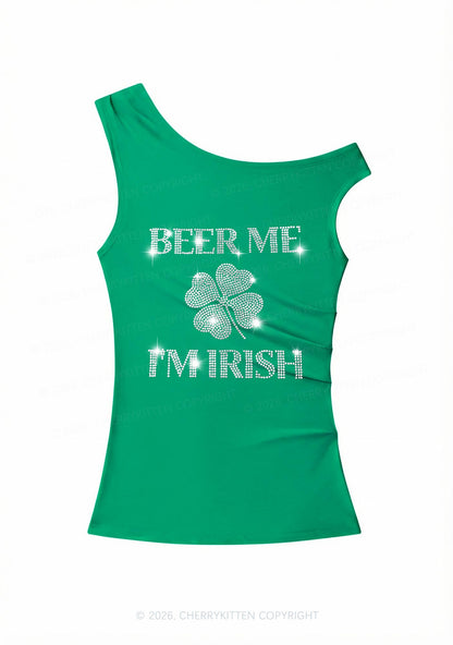Rhinestone Beer Me Im Irish St Patricks Y2K Off Shoulder Tank Top Cherrykitten