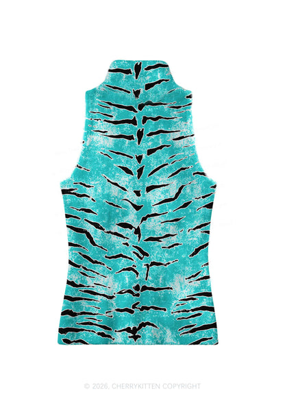 Mint Blue Tiger Stripe Y2K Knit Turtleneck Tank Top Cherrykitten