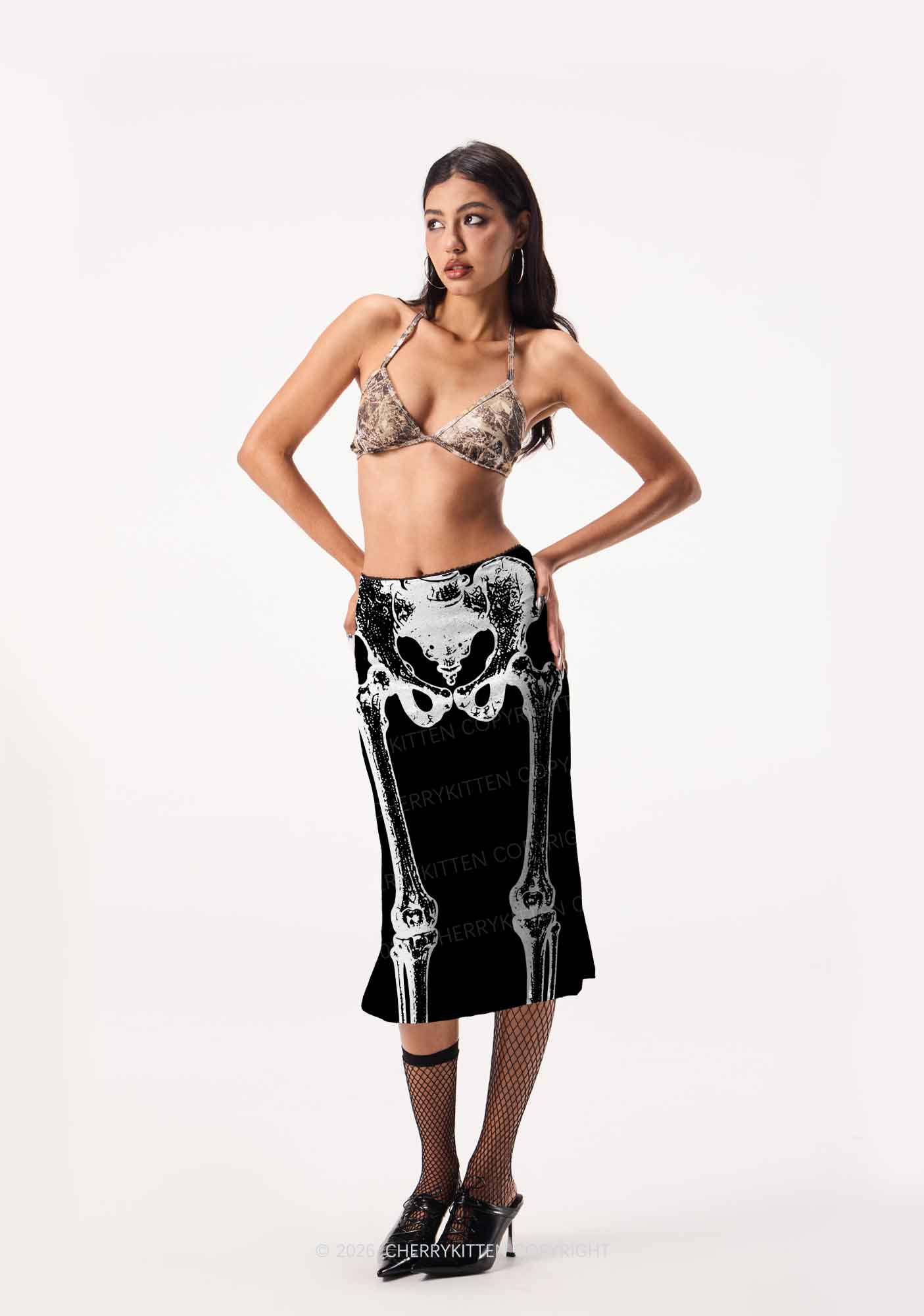 Halloween Anatomical Pelvis Y2K Print Midi Skirt Cherrykitten