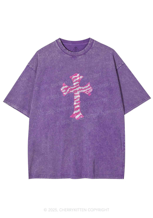 Rhinestone Pink Cross Y2K Shirts Washed Tee Cherrykitten