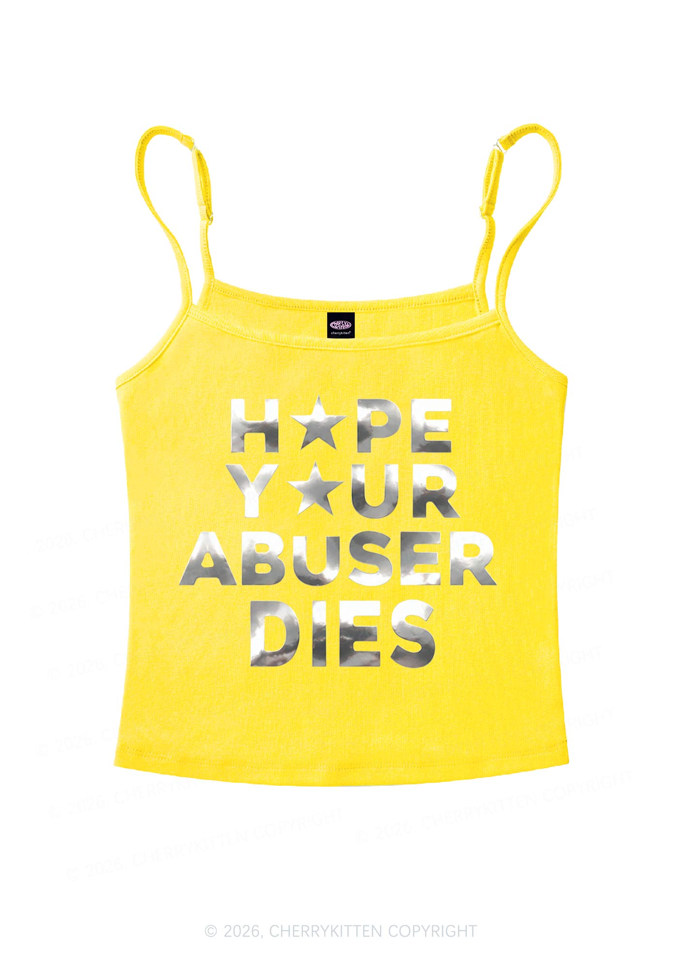 Abuser Dies Silver Foil Printed Y2K Spaghetti Strap Cami Cherrykitten