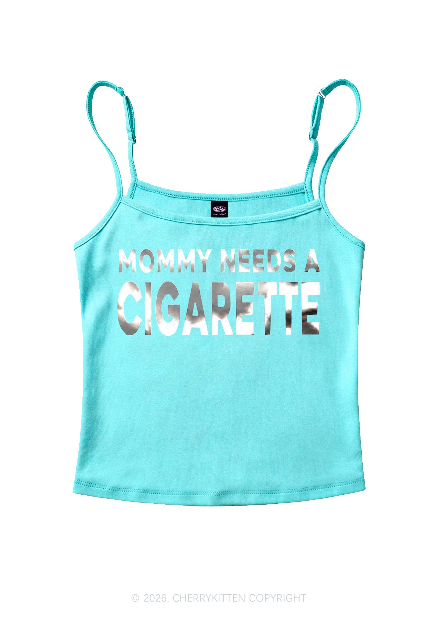 Mommy Needs A Cigarette Silver Foil Printed Y2K Spaghetti Strap Cami Cherrykitten