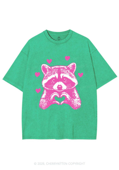 Pink Raccoon Heart Valentine's Day Y2K Shirts Washed Tee Cherrykitten