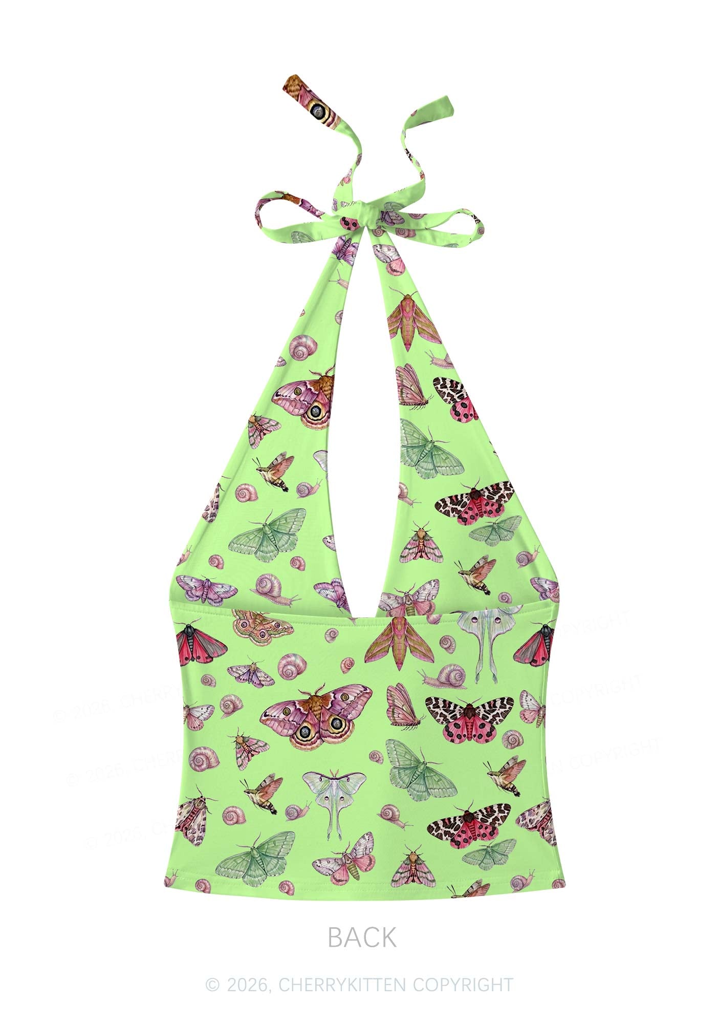 Lime Green Moth Snail Y2K Print Halter Deep V Neck Cami Cherrykitten