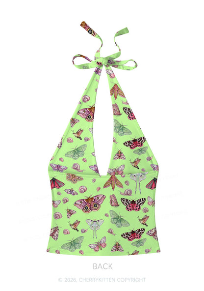 Lime Green Moth Snail Y2K Print Halter Deep V Neck Cami Cherrykitten