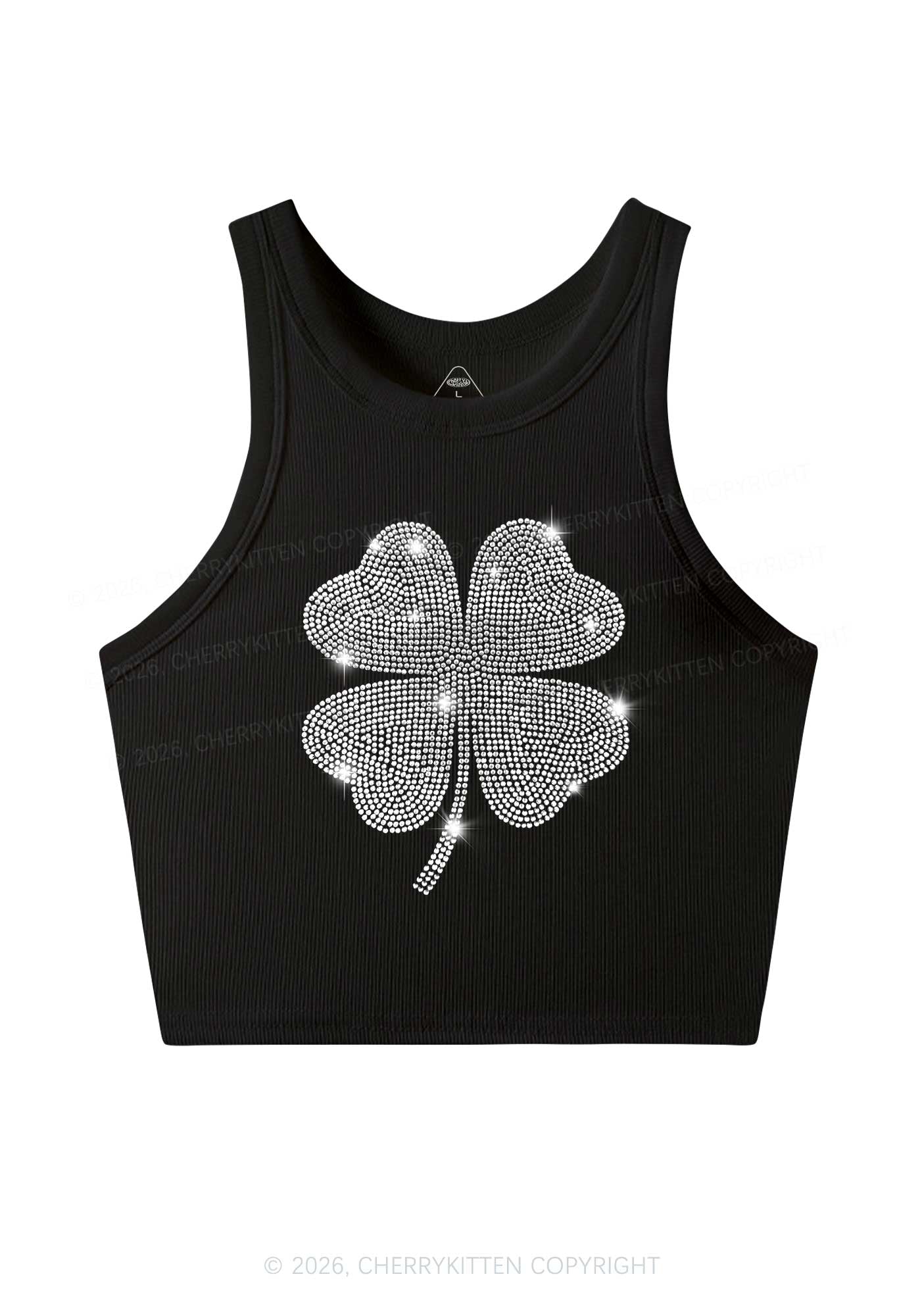 Rhinestone Four Leaf Clover St Patricks Y2K Crop Tank Top Cherrykitten