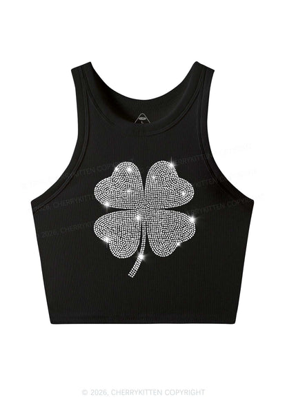 Rhinestone Four Leaf Clover St Patricks Y2K Crop Tank Top Cherrykitten