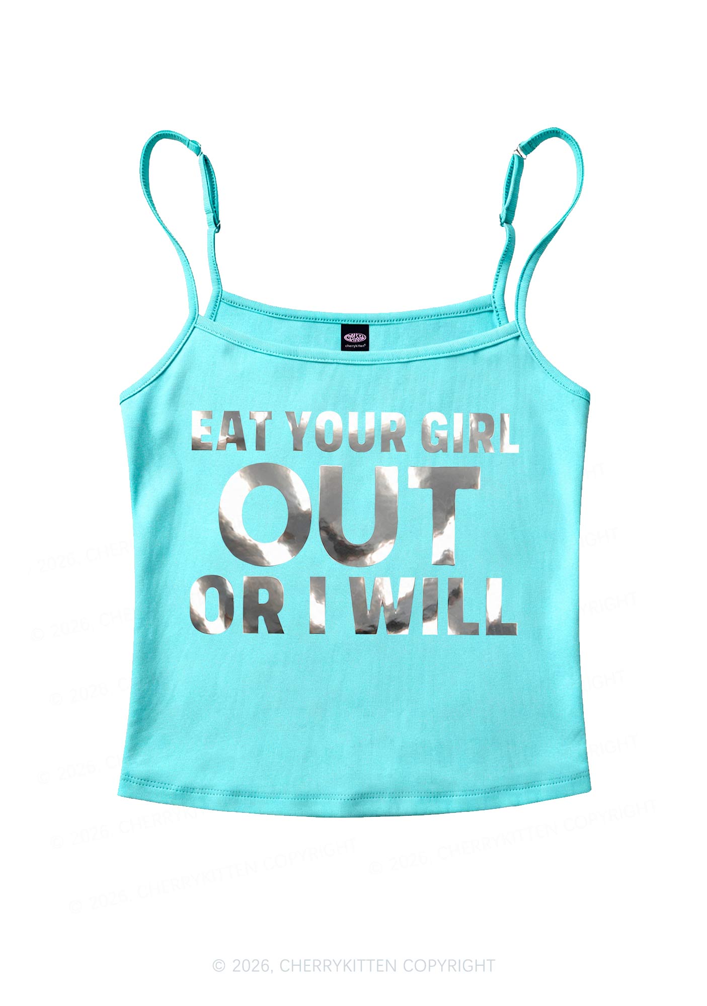 Eat Your Girl Out Silver Foil Printed Y2K Spaghetti Strap Cami Cherrykitten