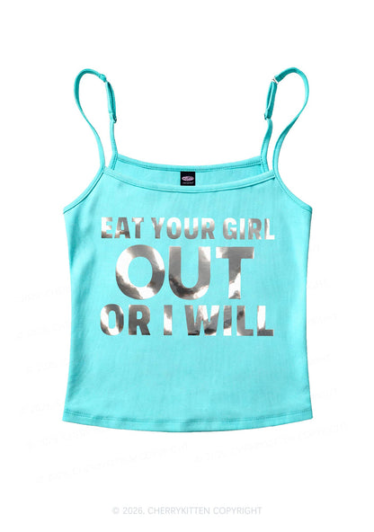 Eat Your Girl Out Silver Foil Printed Y2K Spaghetti Strap Cami Cherrykitten