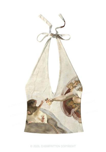 God And Rat Y2K Print Halter Deep V Neck Cami Cherrykitten