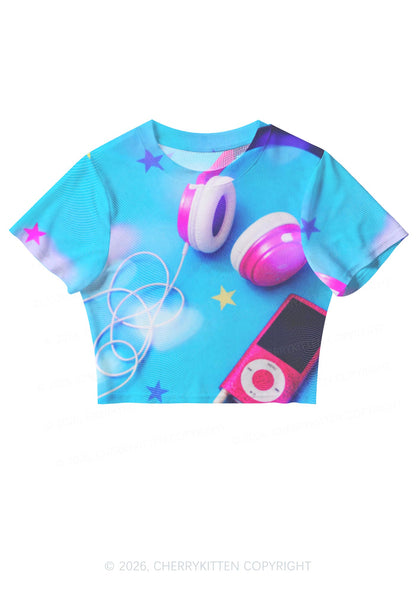 Retro Pink Headphone Y2K Mesh Crop Top Cherrykitten