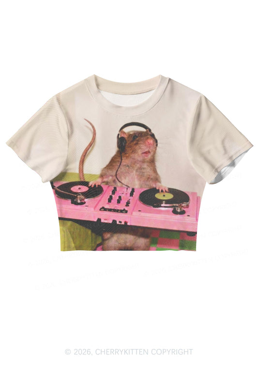 Dj Rat Pink Turntable Y2K Mesh Crop Top Cherrykitten