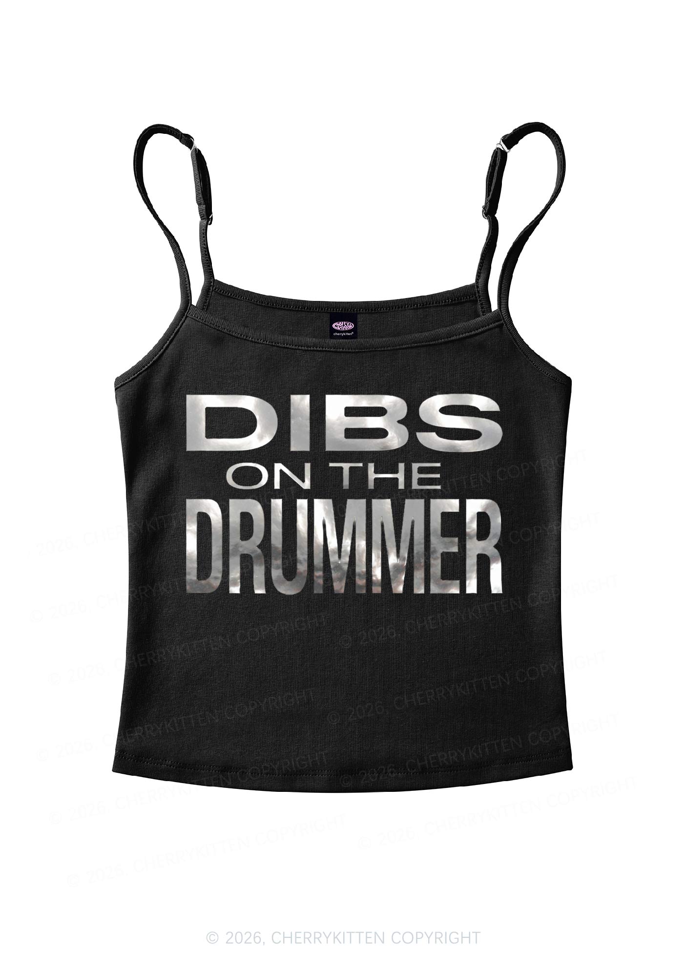 Dibs On The Drummer Silver Foil Printed Y2K Spaghetti Strap Cami Cherrykitten