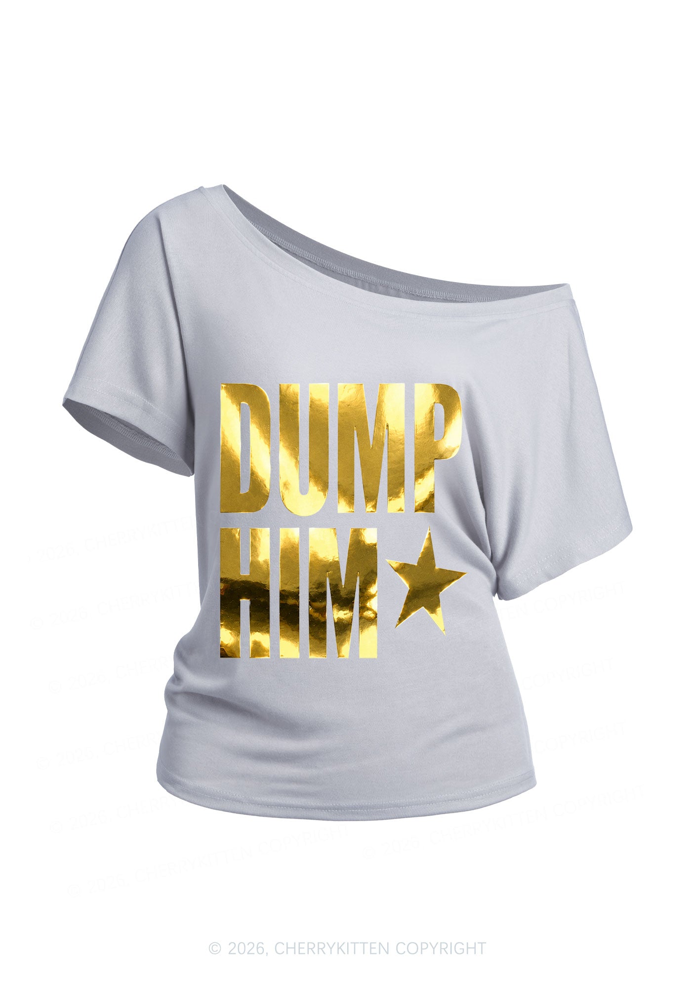 Dump Him Silver Foil Printed Y2K Off Shoulder Tee Cherrykitten