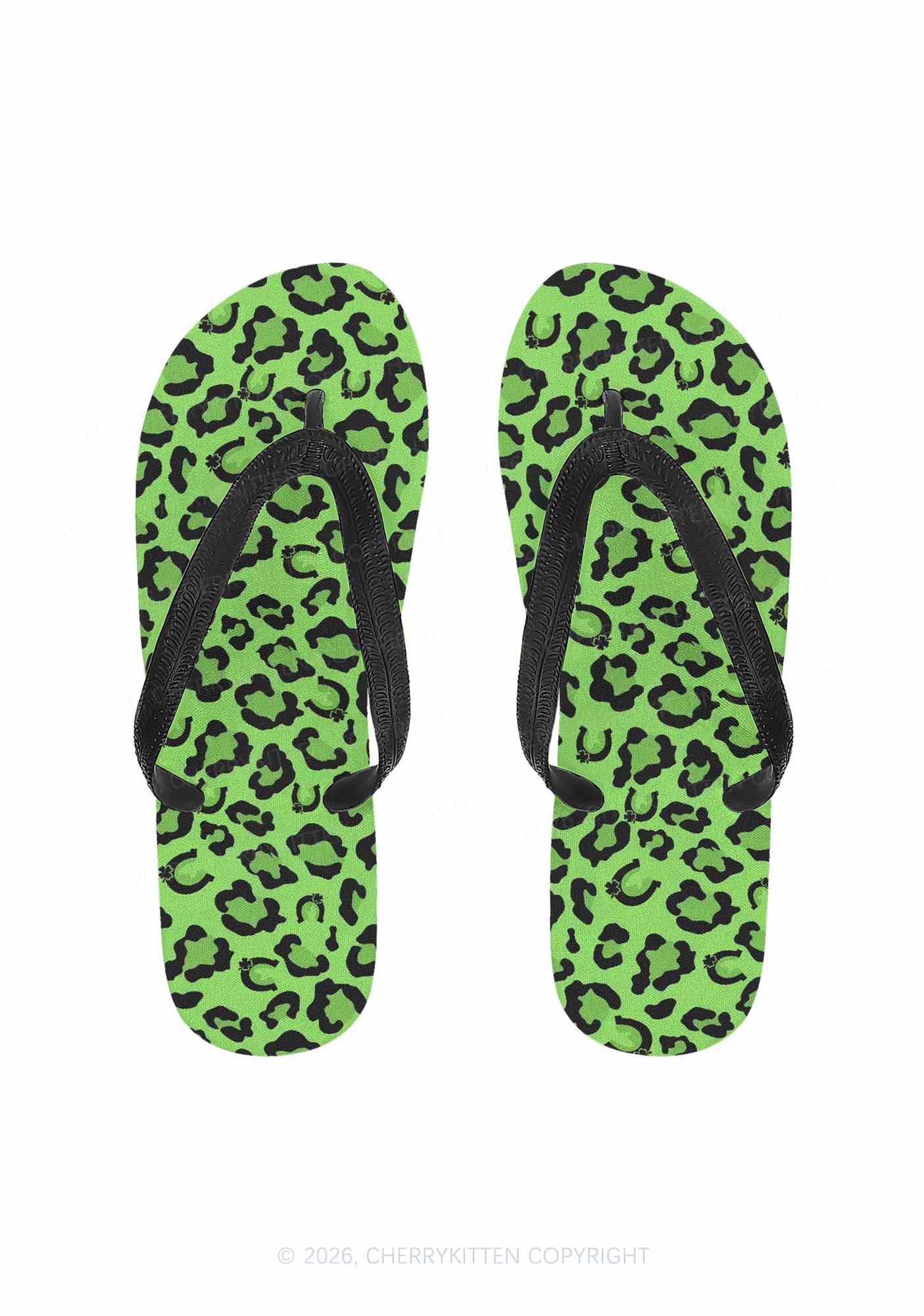 Fluorescent Green Leopard Y2K Print Flip Flops Cherrykitten
